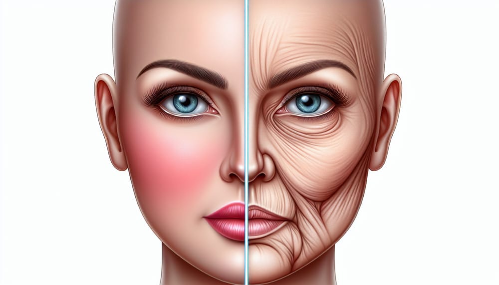  Illustration of "Ozempic face" and facial volume loss with wrinkles and skin laxity